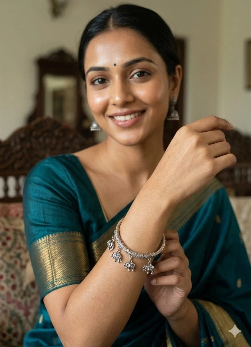 Women Elephent side openable Bracelet Silver Oxidised  Brass Bangles