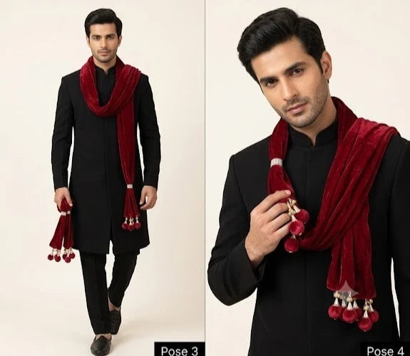Groom Sherwani Dupatta Maroon Velvet Wedding Stole
