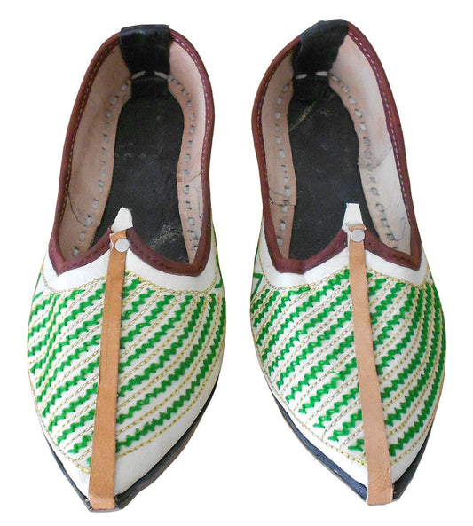 Men Shoes Traditional Punjabi White Jutties Handmade Cream With Green Leather Mojaries Flip-Flops Flat US 8