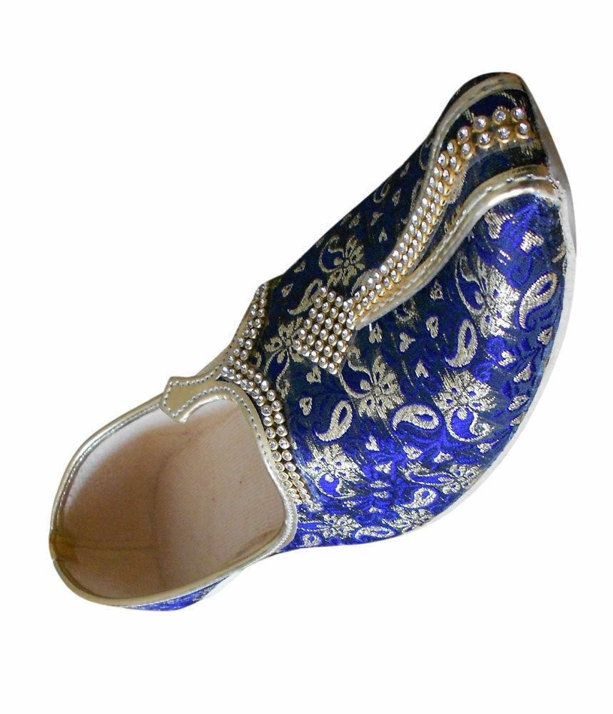 Men Shoes Wedding Mojaries Handmade Blue Golden Loafers & Slip Jutties Flip-Flops Flat US 6/7