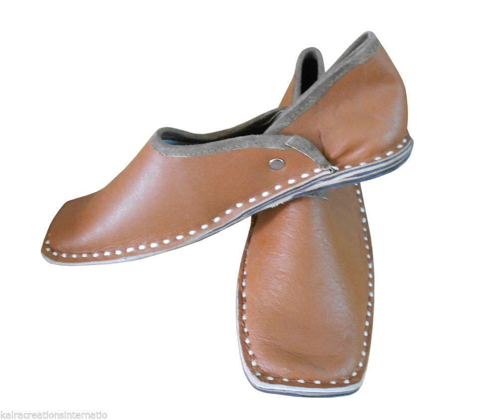 Men Shoes Traditional Handmade Punjabi Khussa Brown Leather Jutties Groom Mojaries Flip-Flops US 8-10