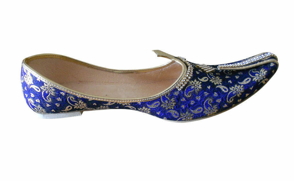 Men Shoes Wedding Mojaries Handmade Blue Golden Loafers & Slip Jutties Flip-Flops Flat US 6/7