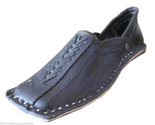 By Kalra Creations Men Shoes Traditional Indian Ethnic Punjabi Jutties Leather Loafers Black Boat Handmade Flip-Flops Flat US 8
