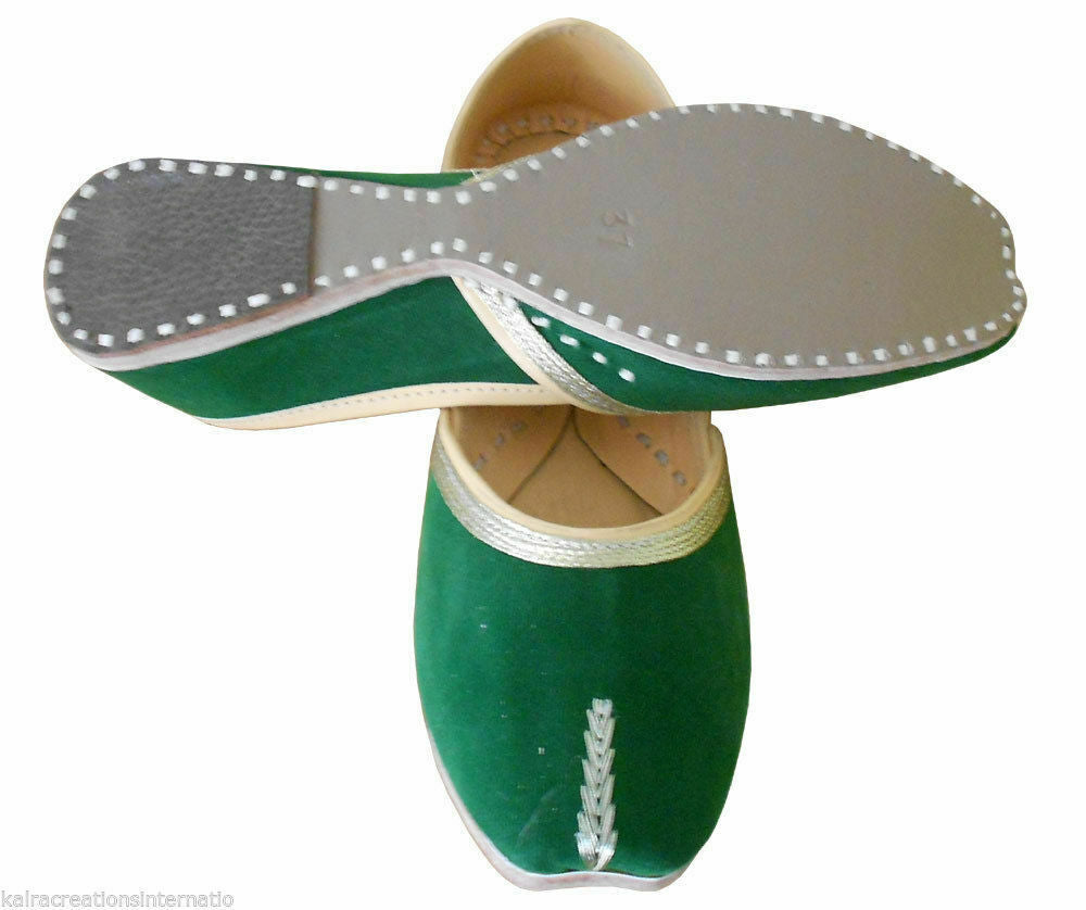 Women Shoes Mojaries Indian Handmade Green Leather Ballerinas Jutties Flip-Flops Flat US 8