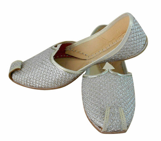 By Kalra Creations Men Shoes Indian Khussa Handmade Leather Mojaries Silver Casual Jutties Loafers Flip-Flop Flat US 7