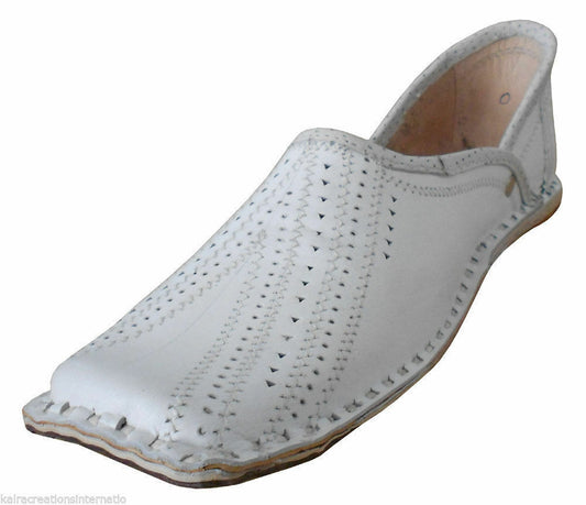 Men Shoes Traditional White Leather Mojaries Indian Handmade White Jutties Flip-Flops Flat US 9