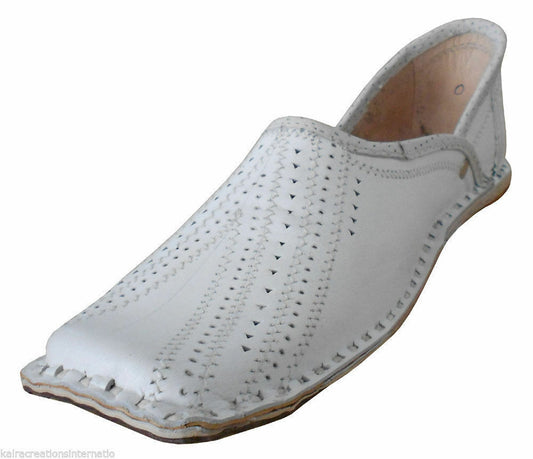 By Kalra Creations Men Shoes Traditional White Leather Mojaries Indian Handmade White Jutties Flip-Flops Flat US 9