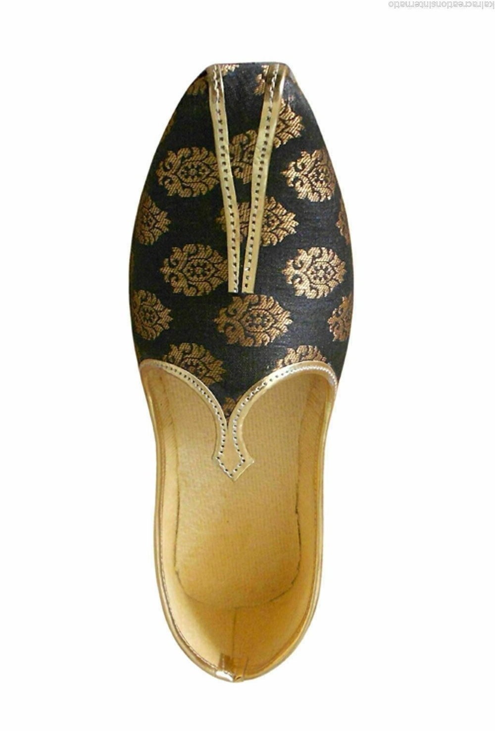 Men Shoes Indian Wedding Punjabi Khussa Handmade Leather Black Mojaries Flip Flops Flat US 6