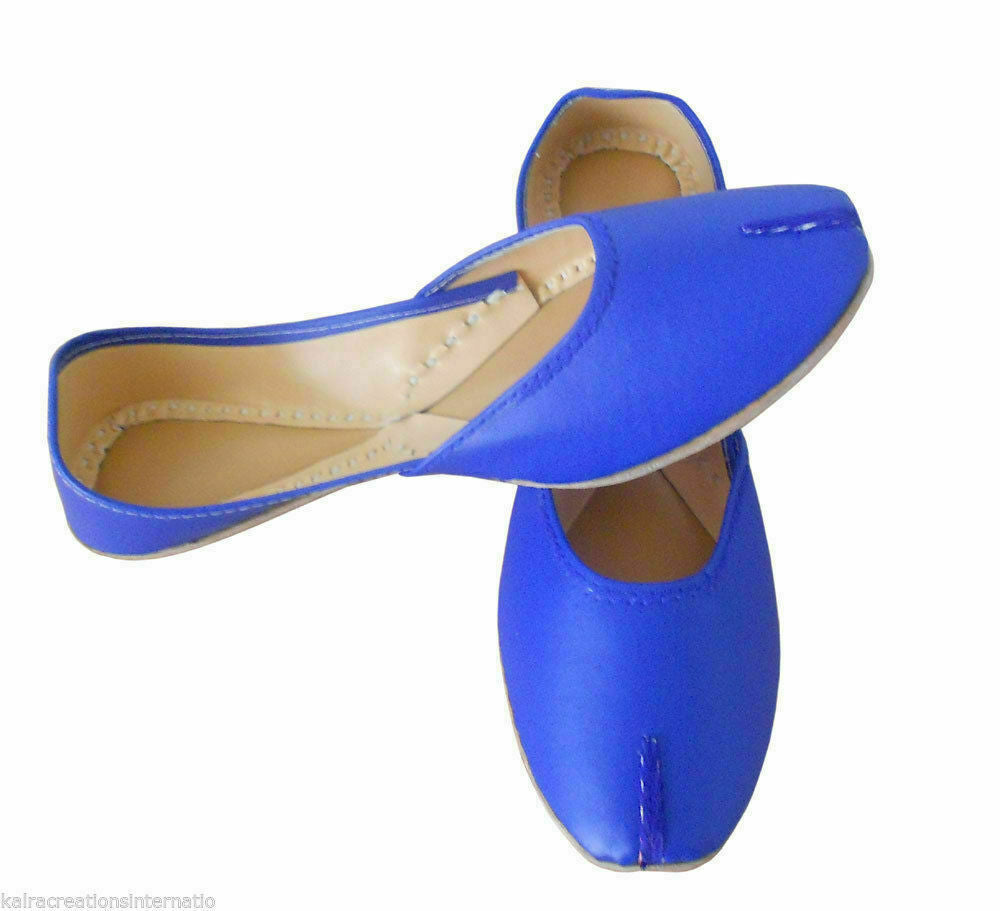 Women Shoes Casual Leather Blue Jutties Indian Handmade Mojaries Flip-Flops Flat US 9.5-12
