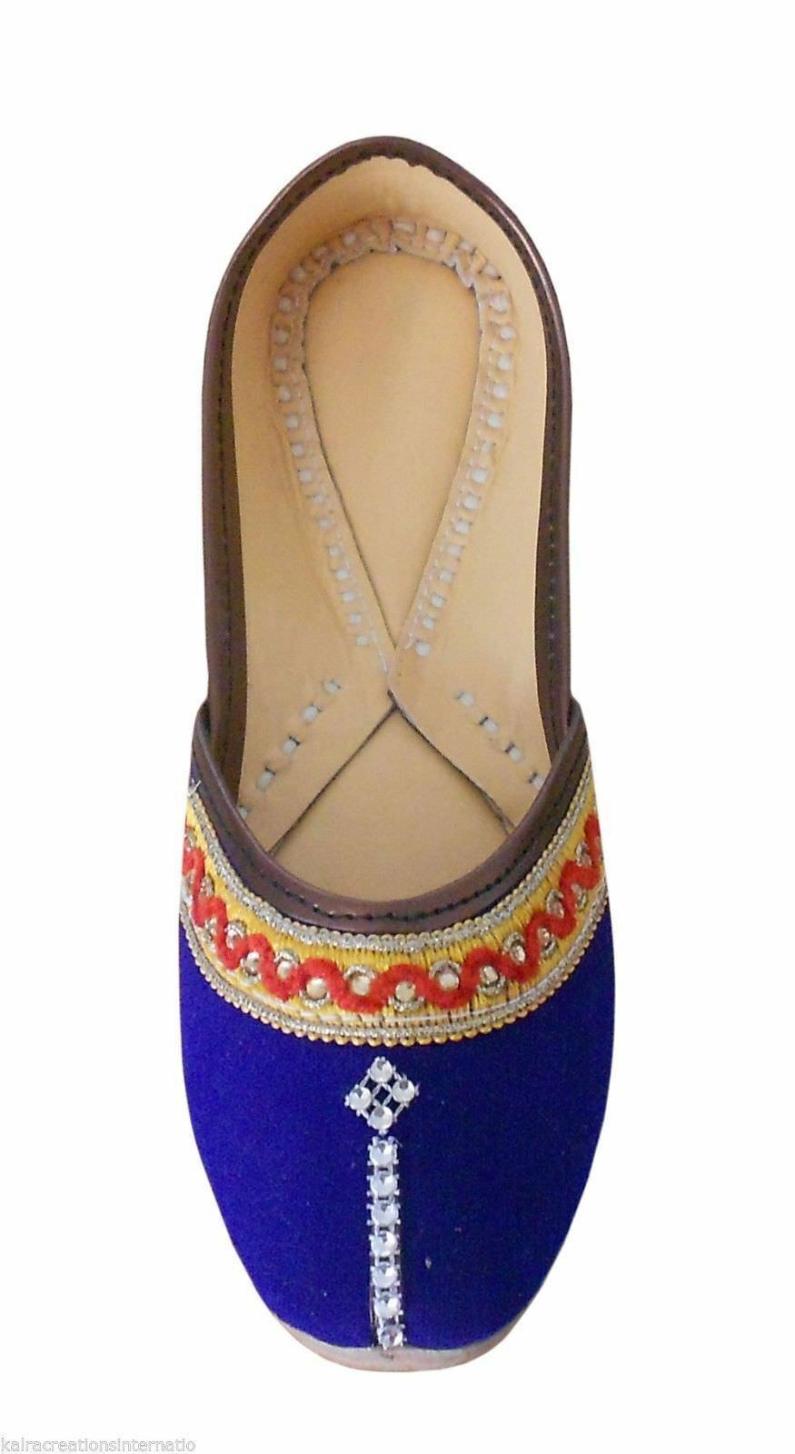 Women Shoes Indian Handmade Jutties Leather Blue Ballerinas Flat Mojaries Flip-Flops US 5/6