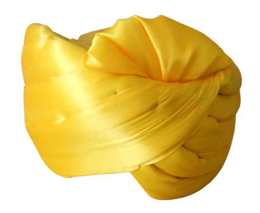 Men Hat Traditional Handmade Small Satin Yellow Pagri Top Wedding Safa Pag