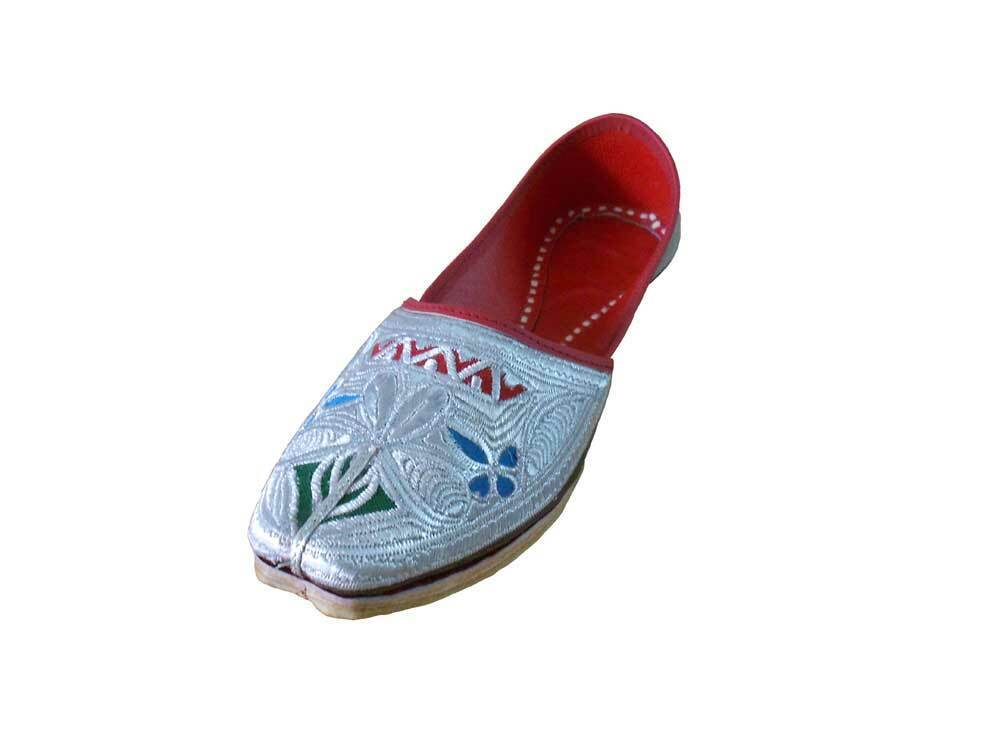 Men Shoes Indian Wedding Handmade Punjabi Jutties Leather Mojaries Groom Brown With Silver Khussa Flip-Flops Flat US 8-11