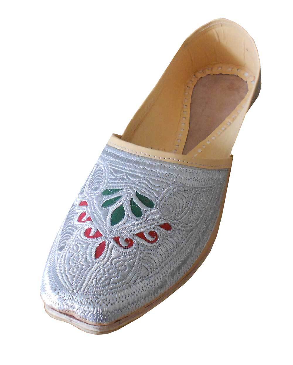 Men Shoes Traditional Leather Punjabi Espadrilles Handmade Cream With Silver Jutties Loafers & Slip Ons Flip-Flops Flat US 11