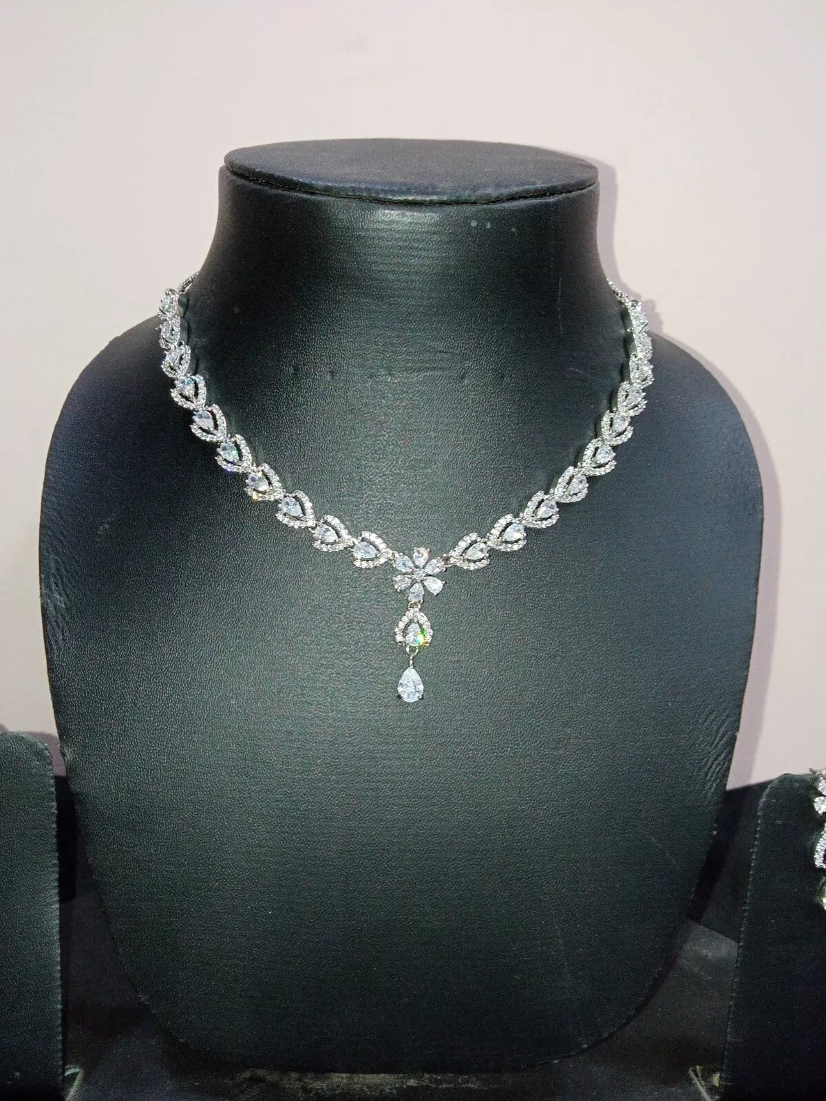 Women Necklace Jewelry Earrings Indian Bollywood Bridal AD Set Silver Plated