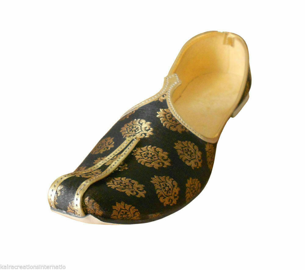 Men Shoes Indian Wedding Punjabi Khussa Handmade Leather Black Mojaries Flip Flops Flat US 6