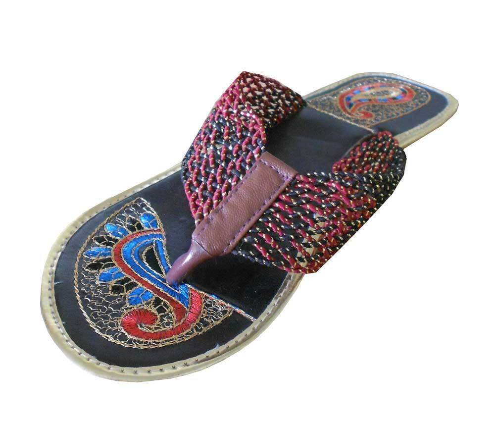 Women Slippers Traditional Mojaries Beaded Leather Slip-Ons Indian Jutties Flip-Flops Flat US 9