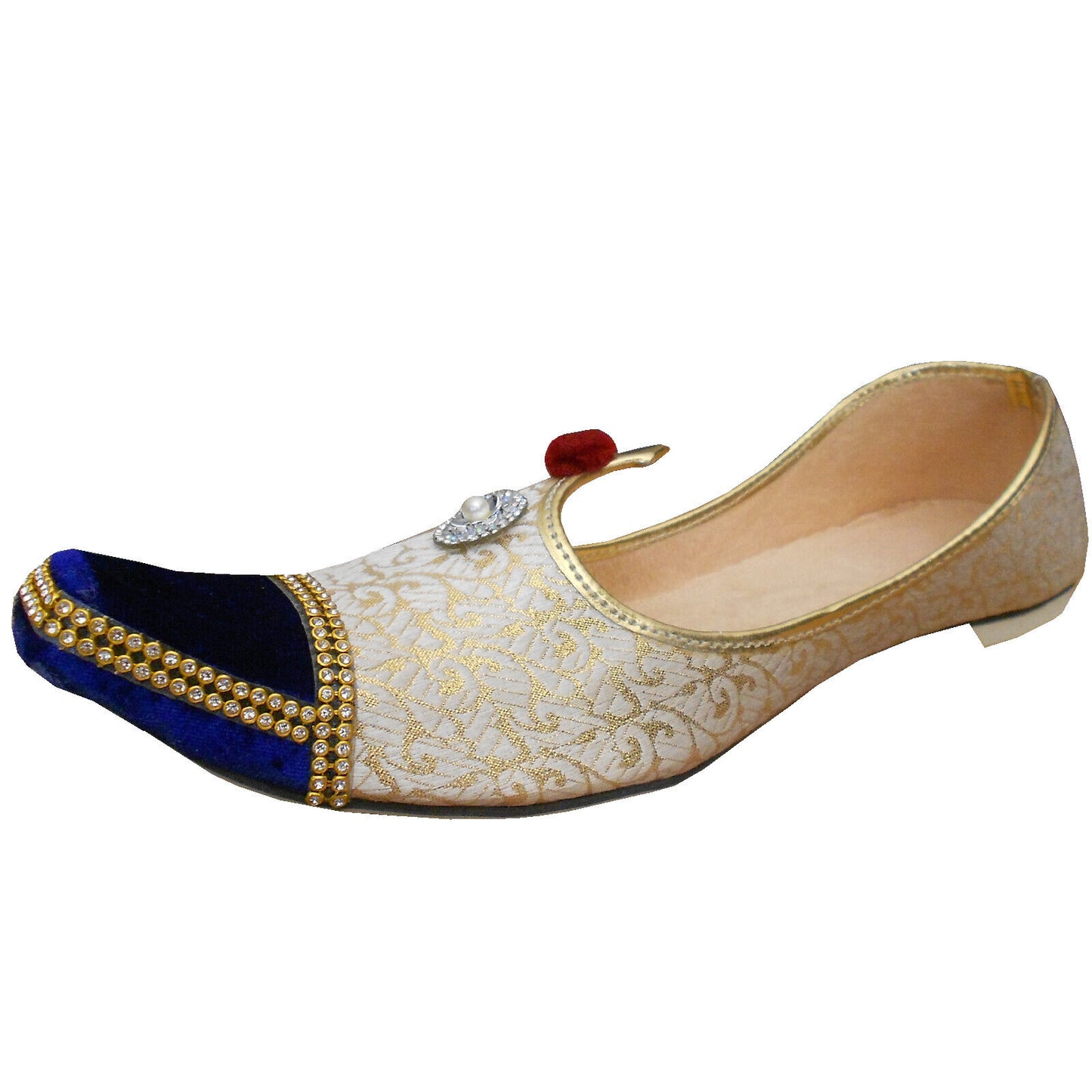 Men Shoes Indian Wedding Punjabi Handmade Cream & Blue Khussa Groom Leather Mojaries Flip-Flops Flat US 8