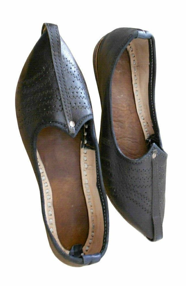 Men Shoes Handmade Leather Mojaries Indian Black Jutties Casual Loafers Flip-Flops Flat US 9