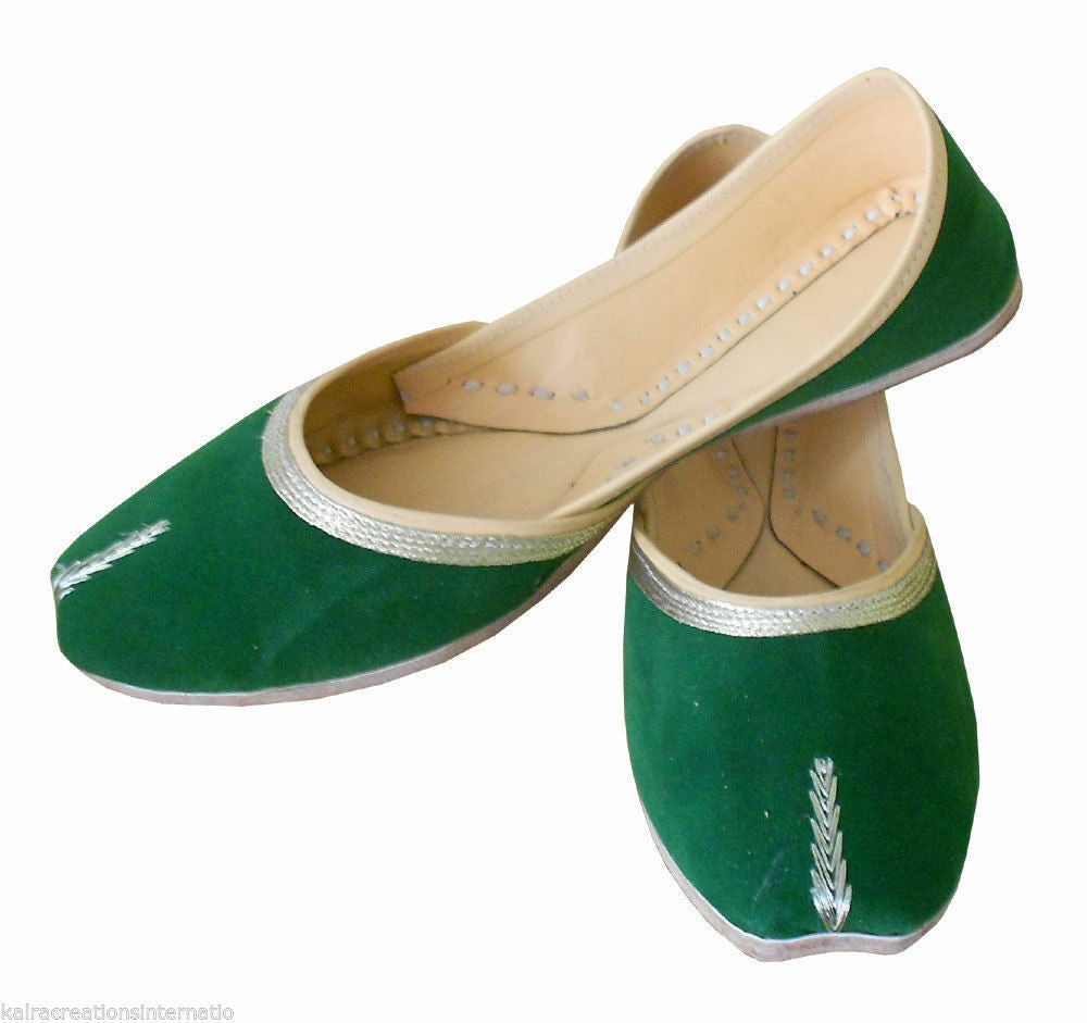 Women Shoes Mojaries Indian Handmade Green Leather Ballerinas Jutties Flip-Flops Flat US 8