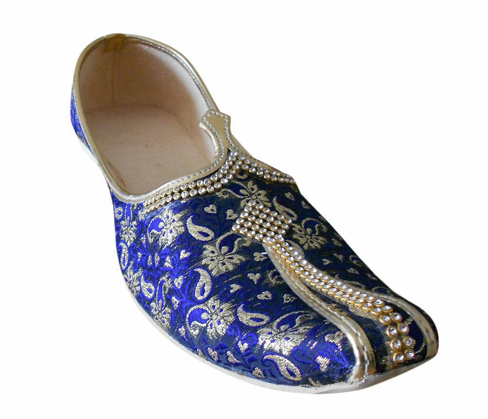 Men Shoes Wedding Mojaries Handmade Blue Golden Loafers & Slip Jutties Flip-Flops Flat US 6/7