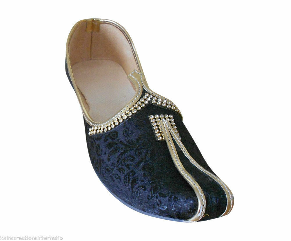 Men Shoes Indian Sherwani Jutties Handmade Loafers Black Mojaries Flip-Flops Flat US 6/7