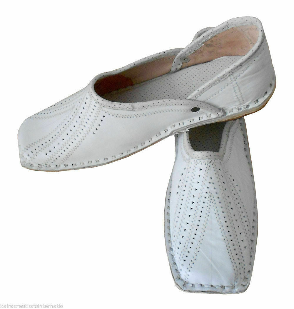 Men Shoes Traditional White Leather Mojaries Indian Handmade White Jutties Flip-Flops Flat US 9