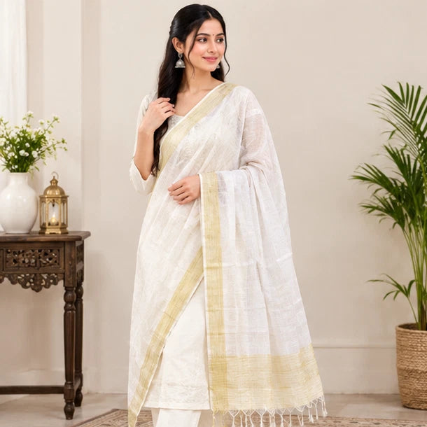 Wedding Dupatta White & Golden for Women Bridal Silk