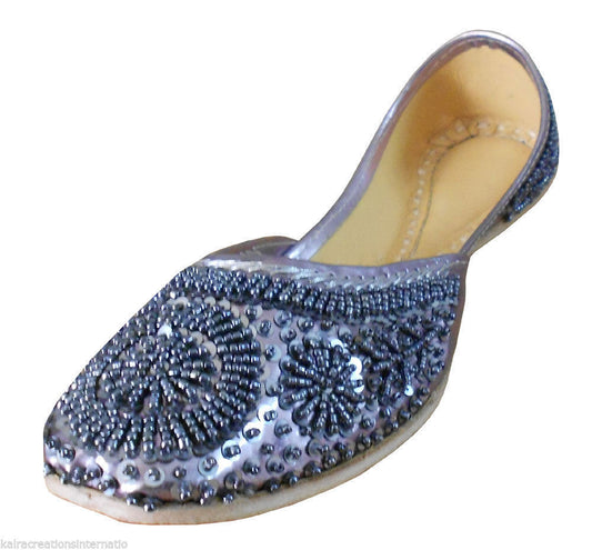 By Kalra Creations Women Shoes Handmade Indian Mojaries Leather Jutties Gray Slip-Ons Flip-Flops Flat US 6-10