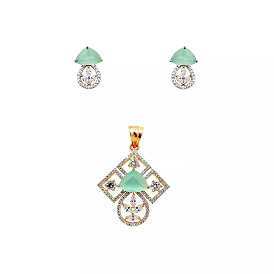 Women Gold Plated Green Stone Copper Pendant With Tops Earrings Combo Jewelery
