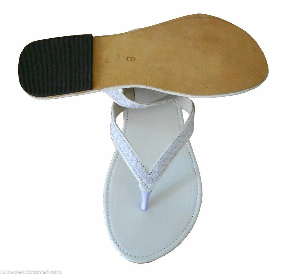 Women Slippers Indian Handmade Leather White Mojaries Flip-Flops Flat US 7
