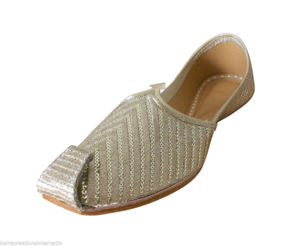 Men Shoes Indian Leather Jutties Wedding Silver Mojaries Punjabi Handmade Khussa Flip-Flops Flat US 7