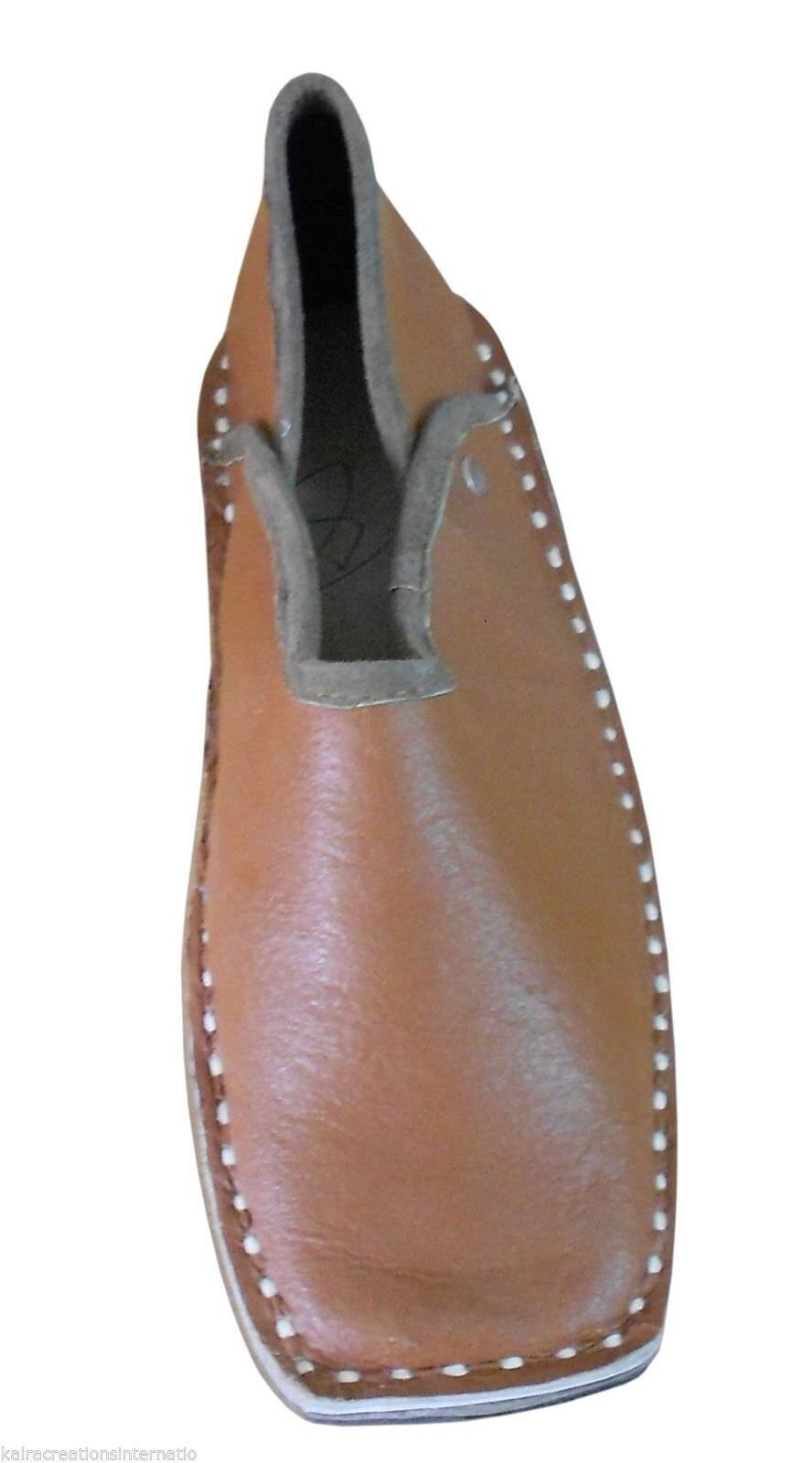 Men Shoes Traditional Handmade Punjabi Khussa Brown Leather Jutties Groom Mojaries Flip-Flops US 8-10