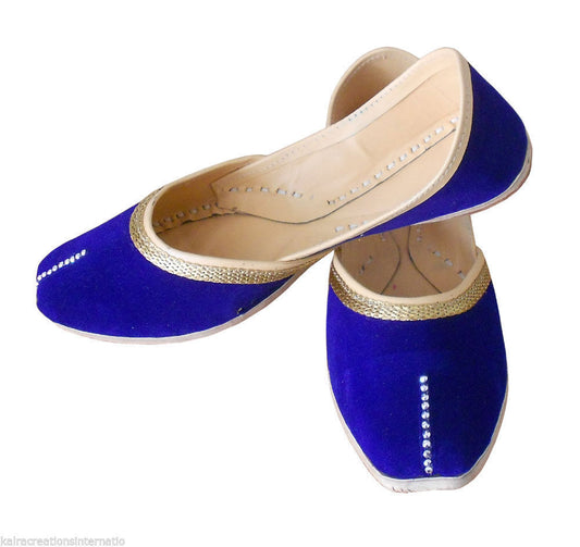 By Kalra Creations Women Shoes Indian Handmade Leather Mojaries Blue Ballerinas Jutties Flip-Flops Flat US 9.5-12