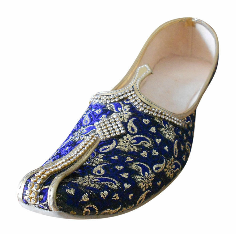 Men Shoes Wedding Mojaries Handmade Blue Golden Loafers & Slip Jutties Flip-Flops Flat US 6/7