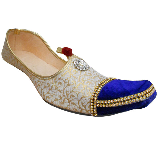 By Kalra Creations Men Shoes Indian Wedding Punjabi Handmade Cream & Blue Khussa Groom Leather Mojaries Flip-Flops Flat US 8