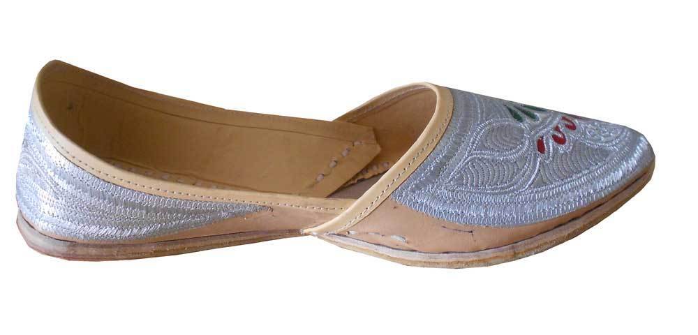 Men Shoes Traditional Leather Punjabi Espadrilles Handmade Cream With Silver Jutties Loafers & Slip Ons Flip-Flops Flat US 11