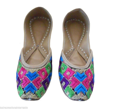 By Kalra Creations Women Shoes Leather Mojaries Ballerinas MultiColor Handmade Khussa Jutties Flip-Flops Flat US 5.5/6.5