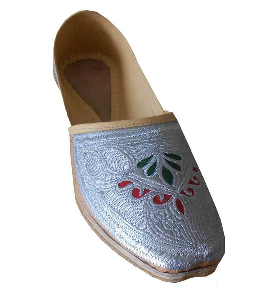 By Kalra Creations Men Shoes Traditional Leather Punjabi Espadrilles Handmade Cream With Silver Jutties Loafers & Slip Ons Flip-Flops Flat US 11