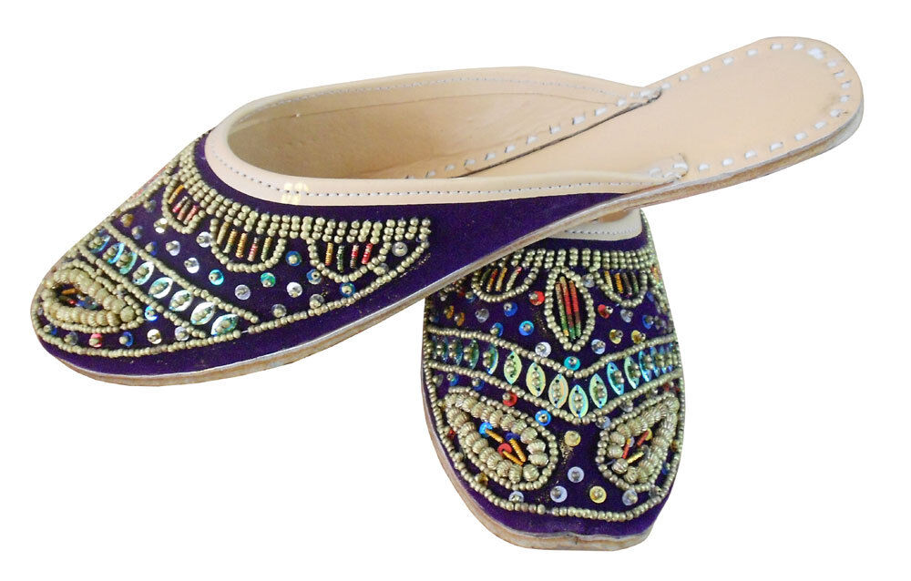 Women Slippers Indian Punjabi Mojaries Traditional Leather Jutties Purple Clogs Flip-Flops Flat US 6-9
