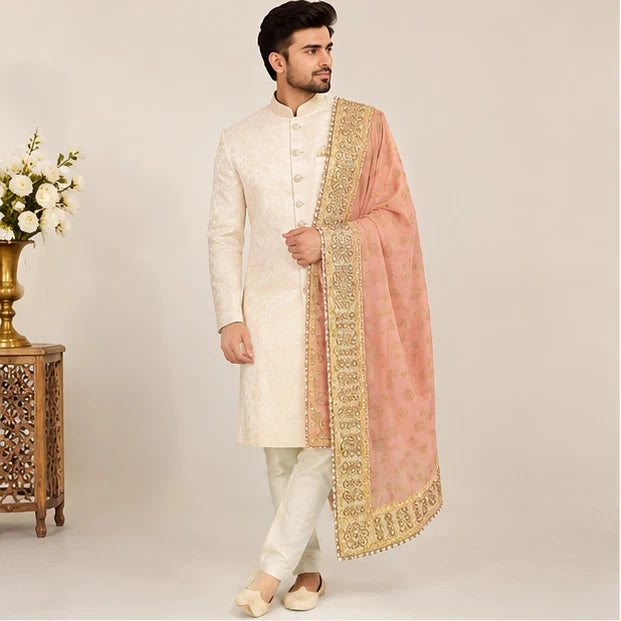 Groom Sherwani Dupatta Peach Silk Wedding Stole