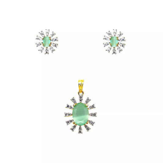 Women Gold Plated Green Stone Copper Pendant With Tops Earrings Combo Jewelery