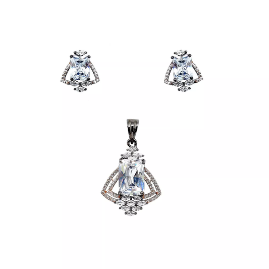 Women Pendant Earring Amazing Silver Plated Oxidised Cut White Stones Copper