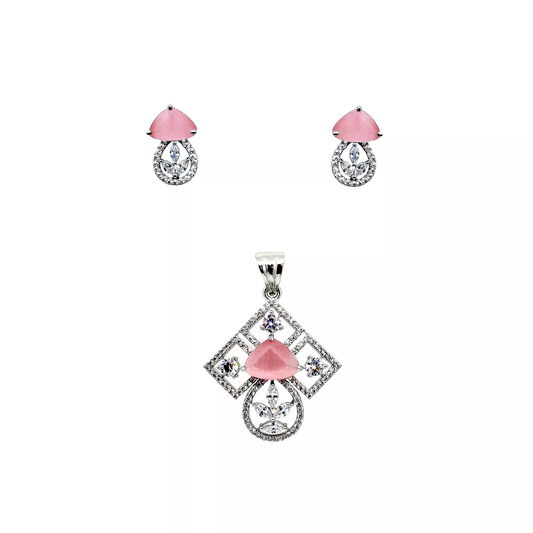Women Silver Plated White Stone Copper Pendant with Tops Earrings Combo Jewelery