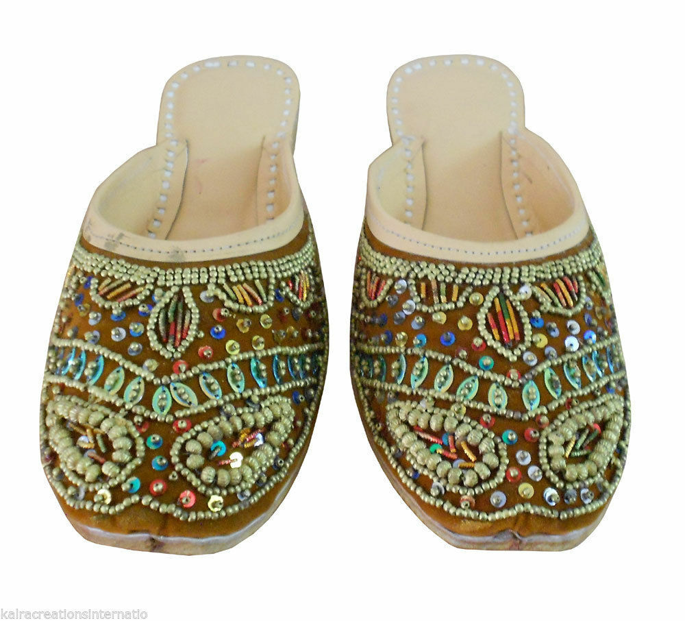 Women Slippers Indian Handmade Jutties Traditional Clogs Brown Mojaries Flip-Flops Flat US 7
