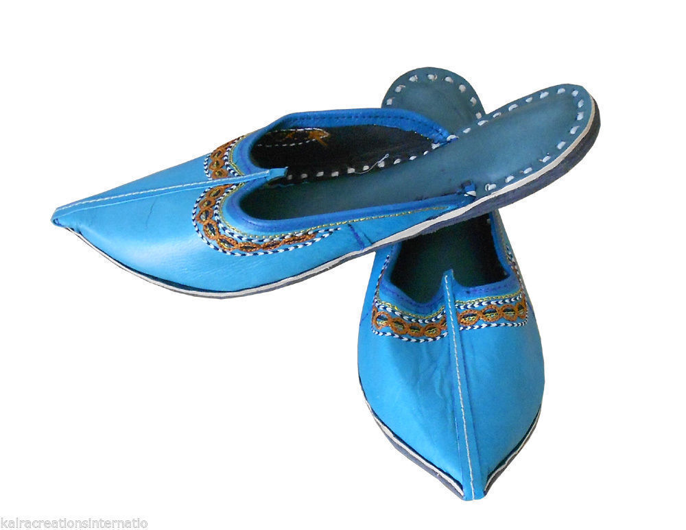 Women Slippers Indian Handmade Leather Traditional Sky Blue Clogs Jutties Flip-Flops Flat US 5/6