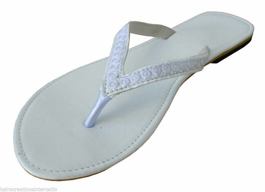 By Kalra Creations Women Slippers Indian Handmade Leather White Mojaries Flip-Flops Flat US 7