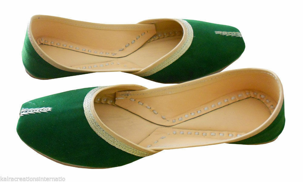 Women Shoes Mojaries Indian Handmade Green Leather Ballerinas Jutties Flip-Flops Flat US 8