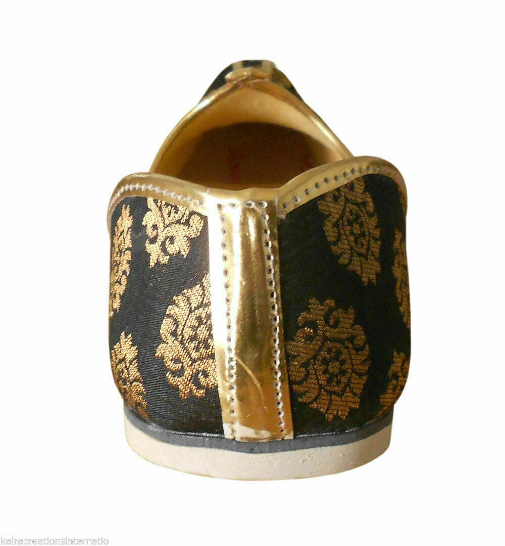 Men Shoes Indian Wedding Punjabi Khussa Handmade Leather Black Mojaries Flip Flops Flat US 6