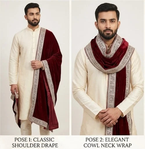 Groom Sherwani Maroon Golden Velvet Wedding Stole