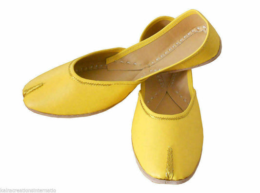 By Kalra Creations Women Shoes Handmade Leather Mojaries Indian Casual Yellow Jutties Flip-Flops Flat US 6